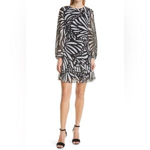 $355 Milly Elma Butterfly graphic long sleeve dress in black/shite chiffon sz.2